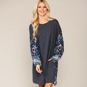 GIGIO/UMGEE Long Sleeve Mixed Print Dress With Side Pockets